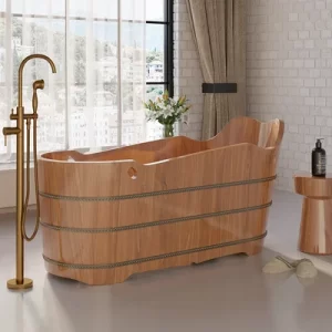 59" Japanese Oak Wood Soaking Bathtub Freestanding Modern Natural Bathtub